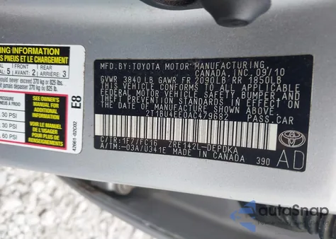 2010 Toyota Corolla Le from USA, damaged, VIN 2T1BU4EE0AC479682